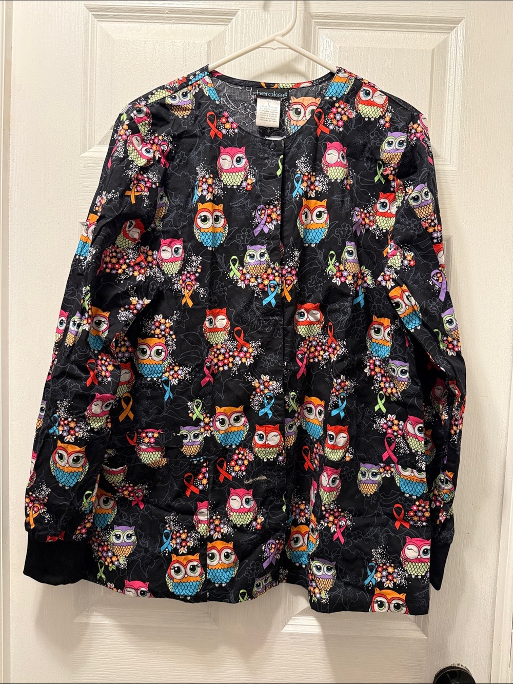 Cherokee Women’s Scrub Jacket Owl Print Button Front Top